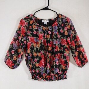 C.D. Petites PS Floral Blouse Black Multicolor 3/4 Sleeve Elastic Hem